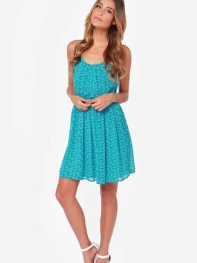 Lulu's Teal Blue Sleeveless Printed Mini Dress